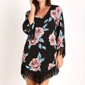 Show Me Your Mumu Rodeo Floral Fringe Long Sleeve Dress Black Pink